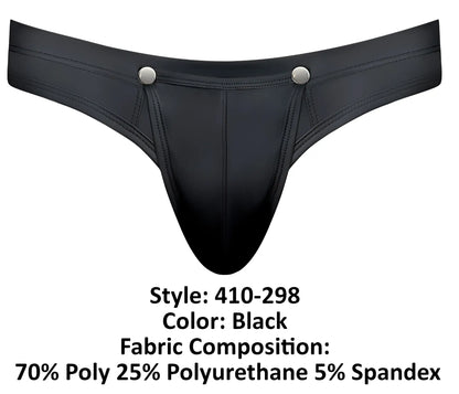 Male power 410-298 oh snap snap off thong in black with sleek glossy finish and silver-toned snap buttons at waistband