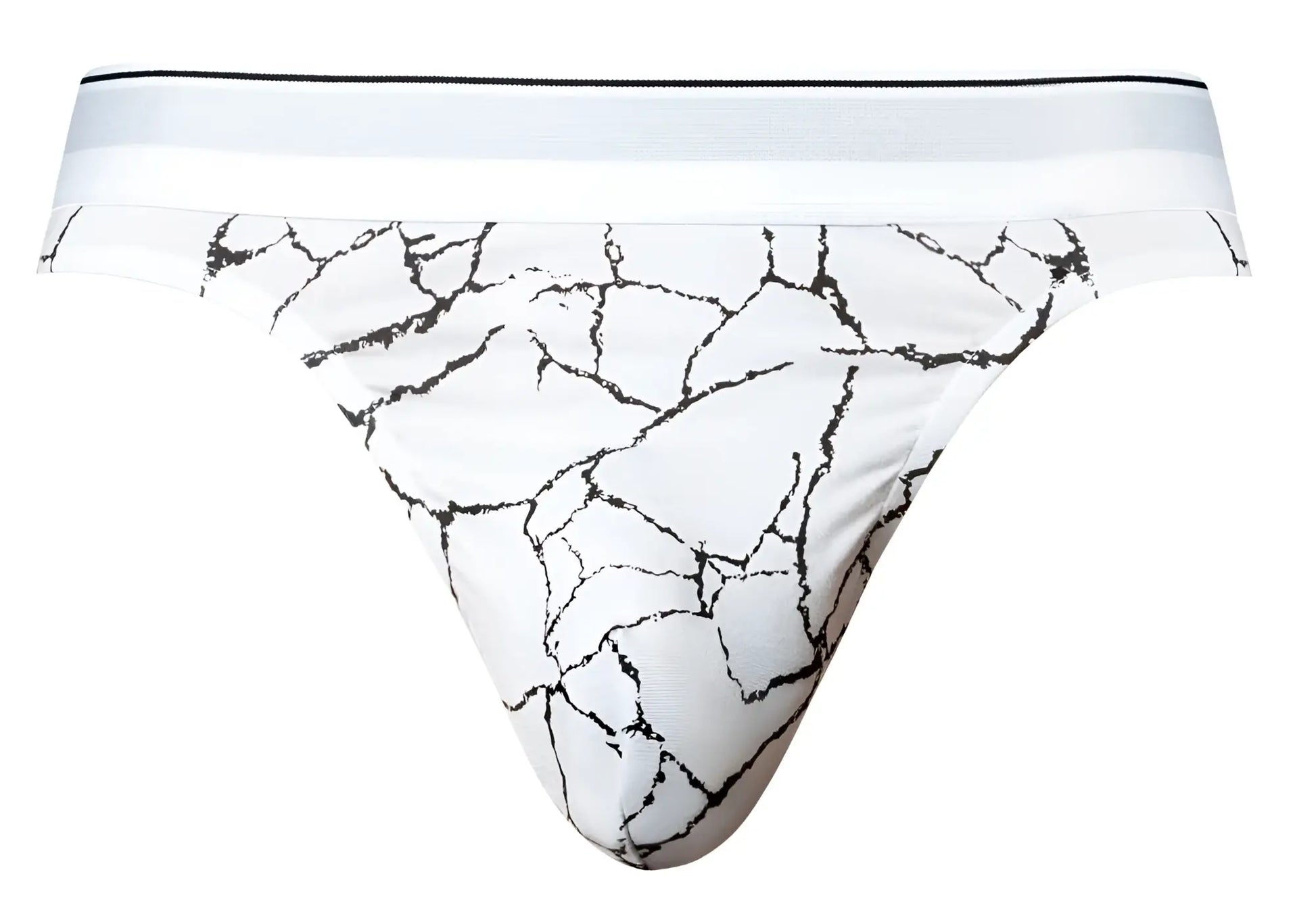 White male power 412-299 soo cumfy thong briefs with black cracked marble pattern and solid white waistband