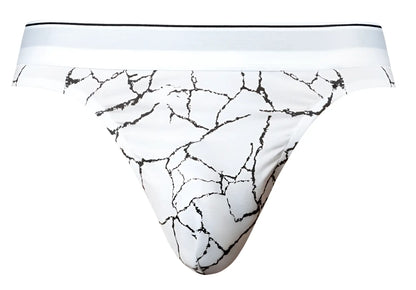 White male power 412-299 soo cumfy thong briefs with black cracked marble pattern and solid white waistband