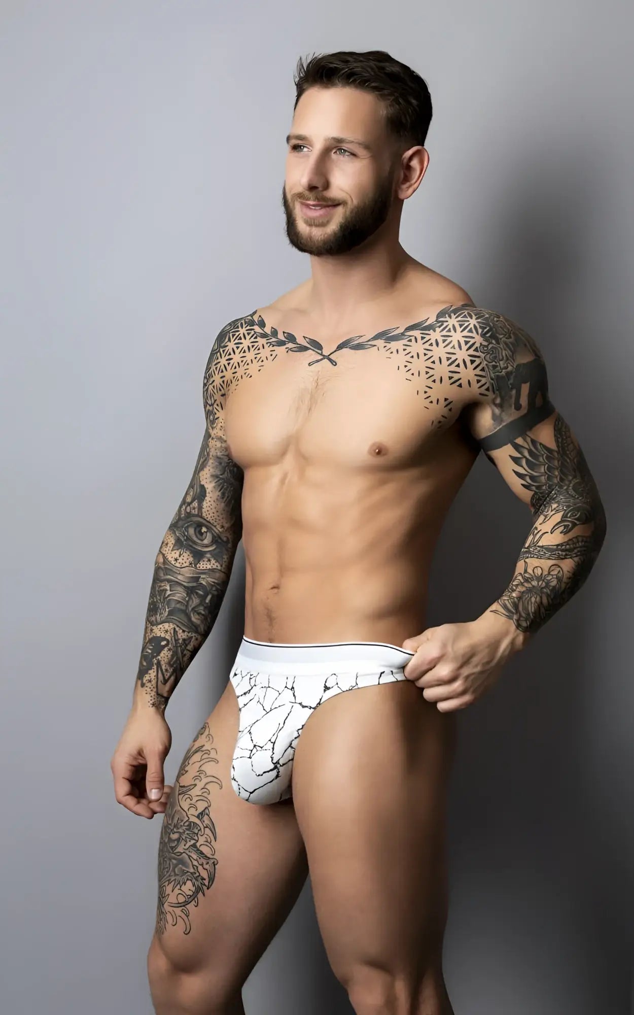 Male power 412-299 soo cumfy white briefs with black crackle pattern designed for comfort and style