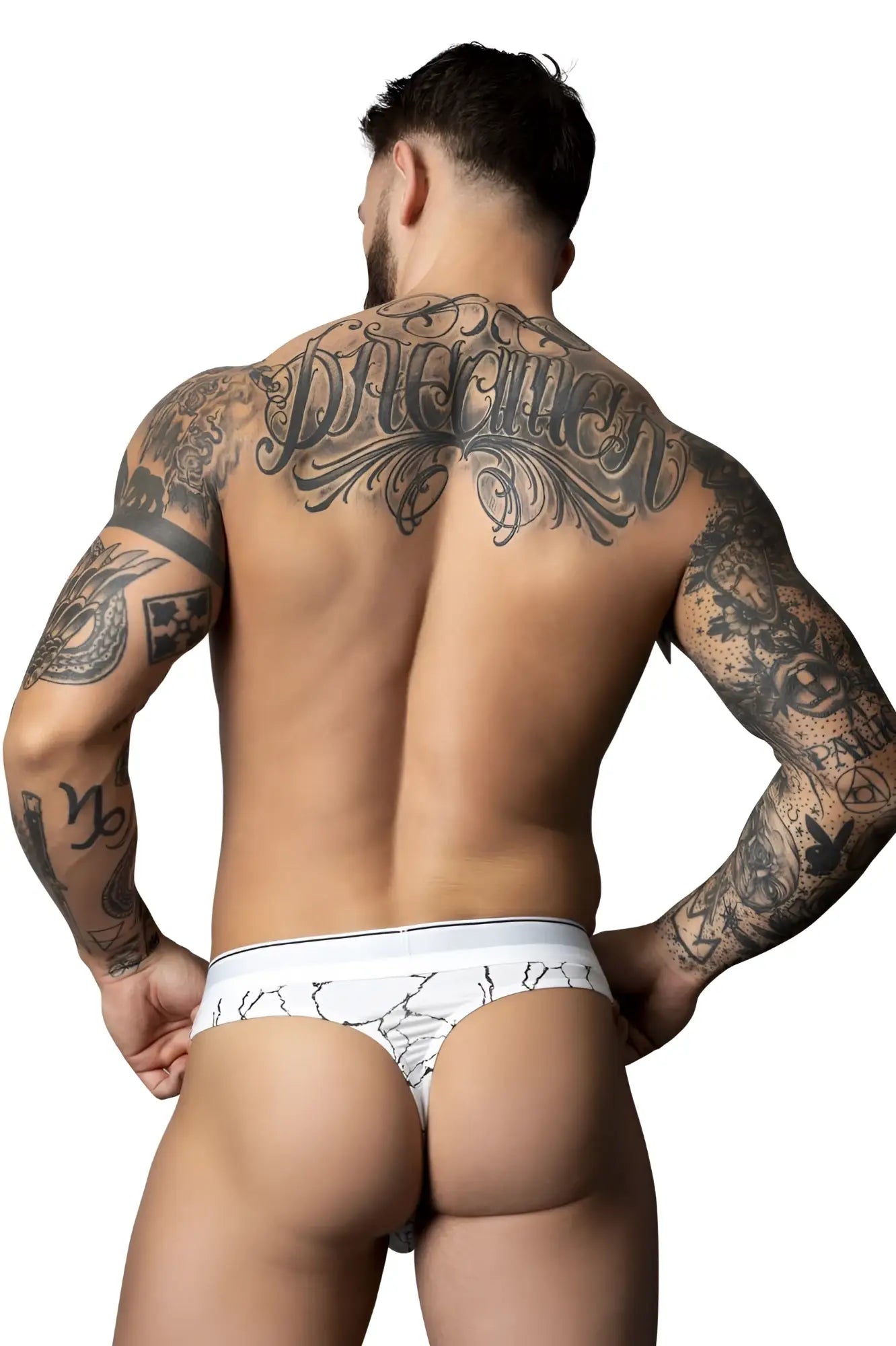 White male power 412-299 soo cumfy thong briefs with black crackle pattern design for comfortable wear
