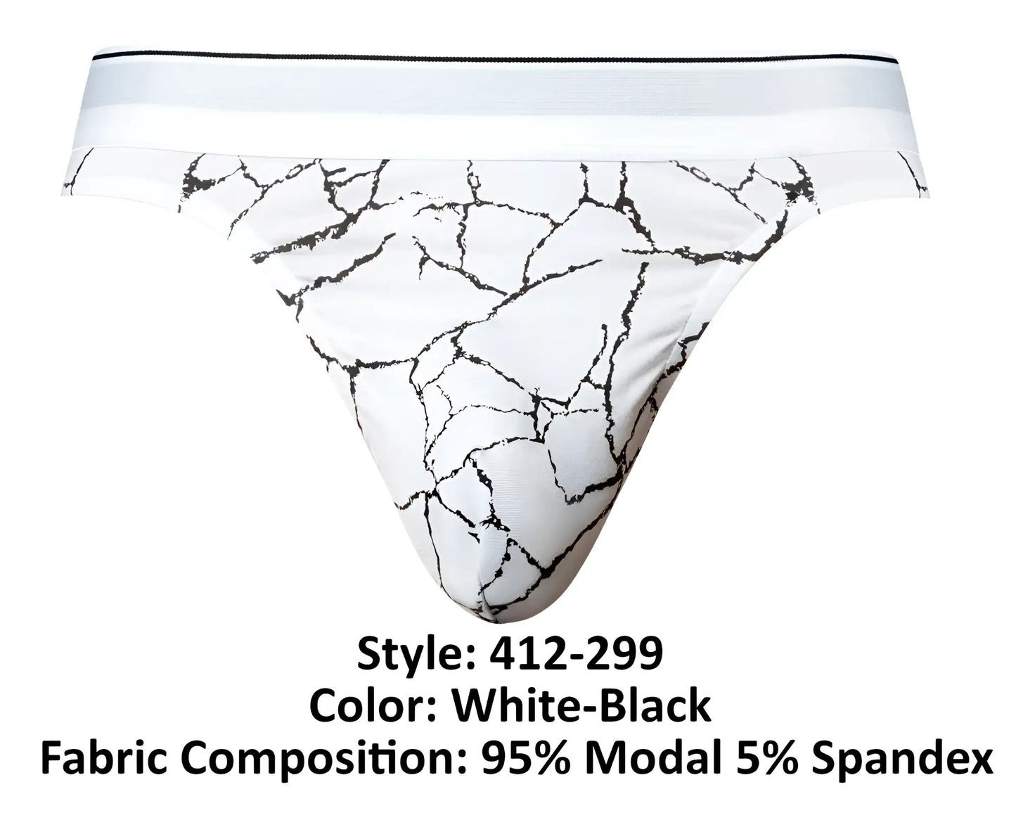 Male power 412-299 soo cumfy thong in white and black crackled marble modal spandex briefs front view