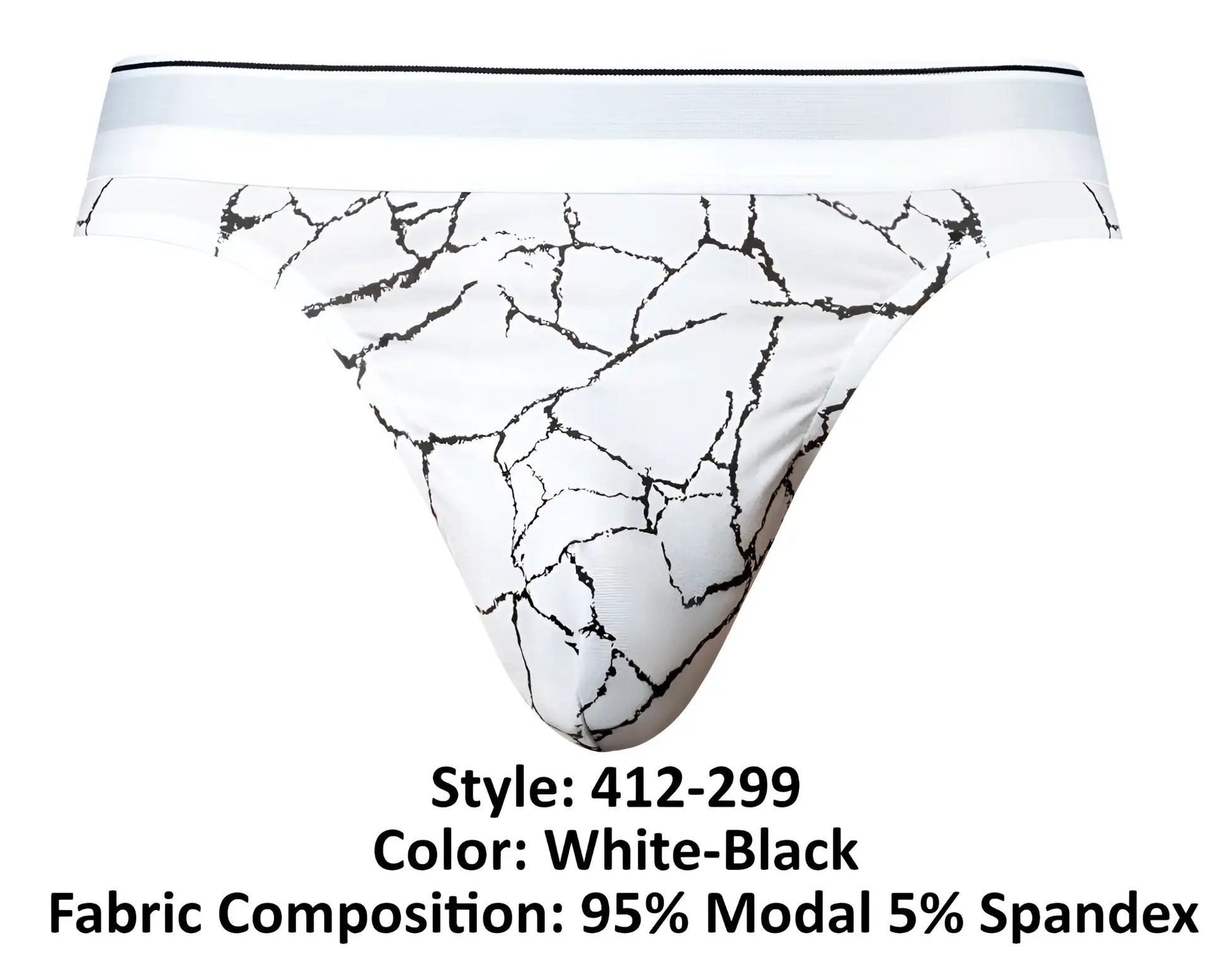 Male power 412-299 soo cumfy thong in white and black crackled marble modal spandex briefs front view