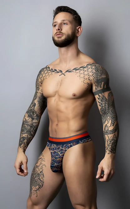 Navy blue patterned briefs with an orange waistband from male power 412-299 soo cumfy thongs collection