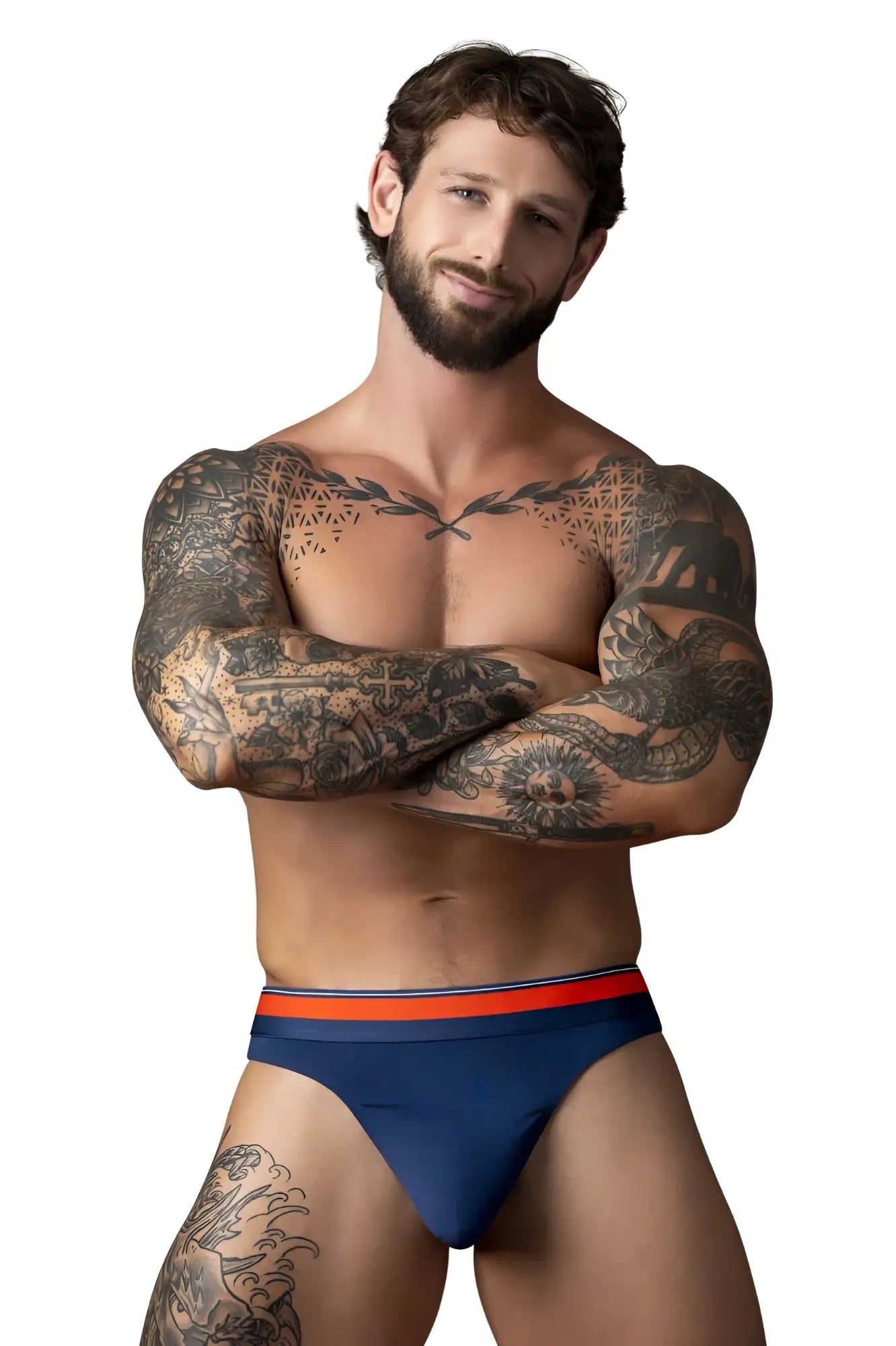 Navy blue male power 412-299 soo cumfy briefs with a red and white striped waistband for comfortable wear