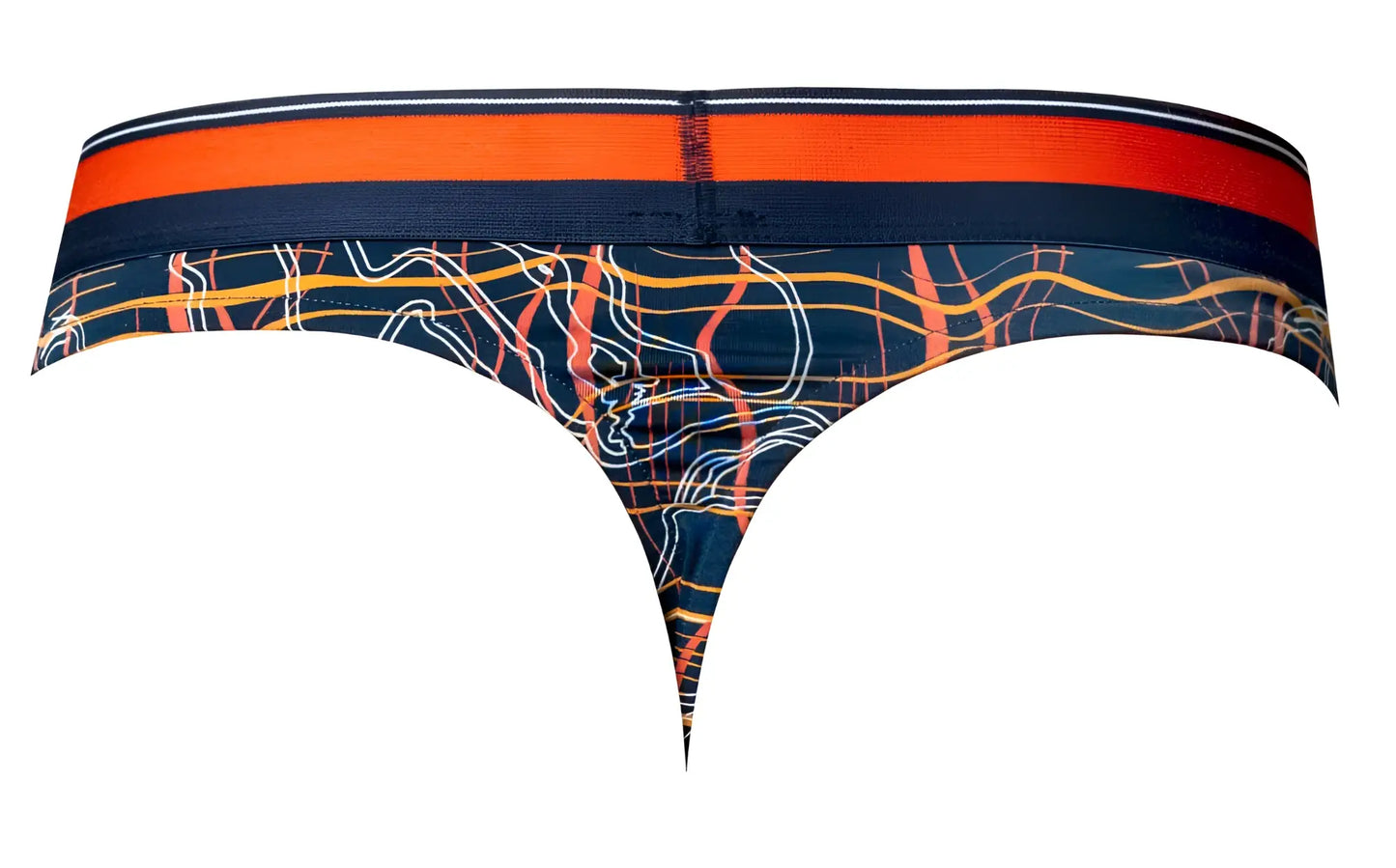Male power 412-299 soo cumfy thong in navy with bold orange waistband and abstract white yellow and red line pattern