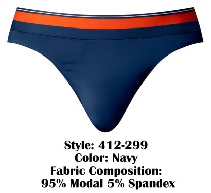 Navy blue male power 412-299 soo cumfy thong with bold orange white striped waistband made of modal and spandex