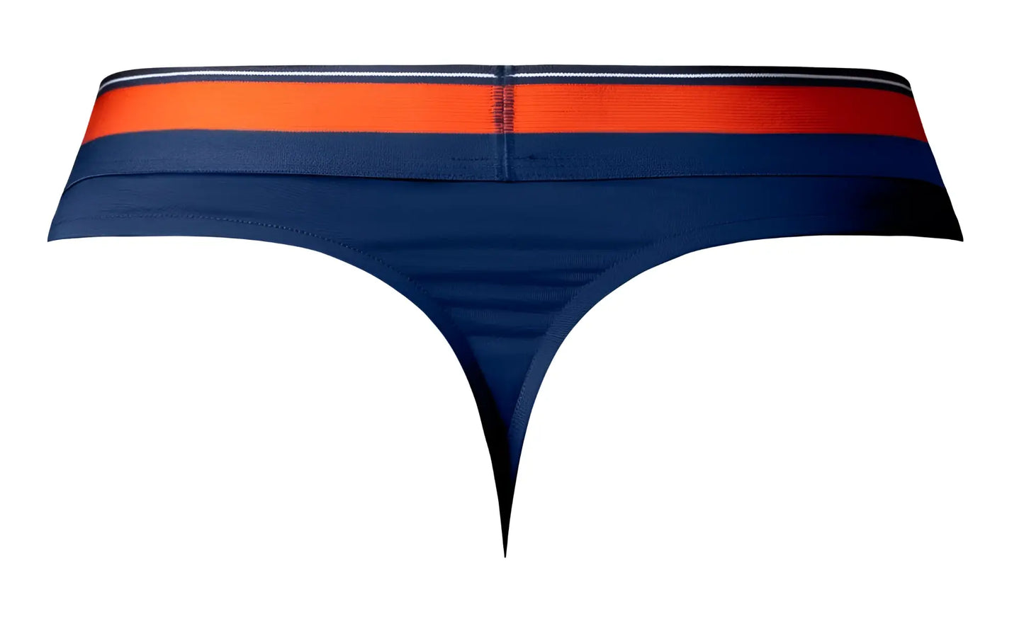 Navy blue male power soo cumfy thong with bold orange and white striped waistband front view