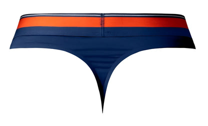 Navy blue male power soo cumfy thong with bold orange and white striped waistband front view