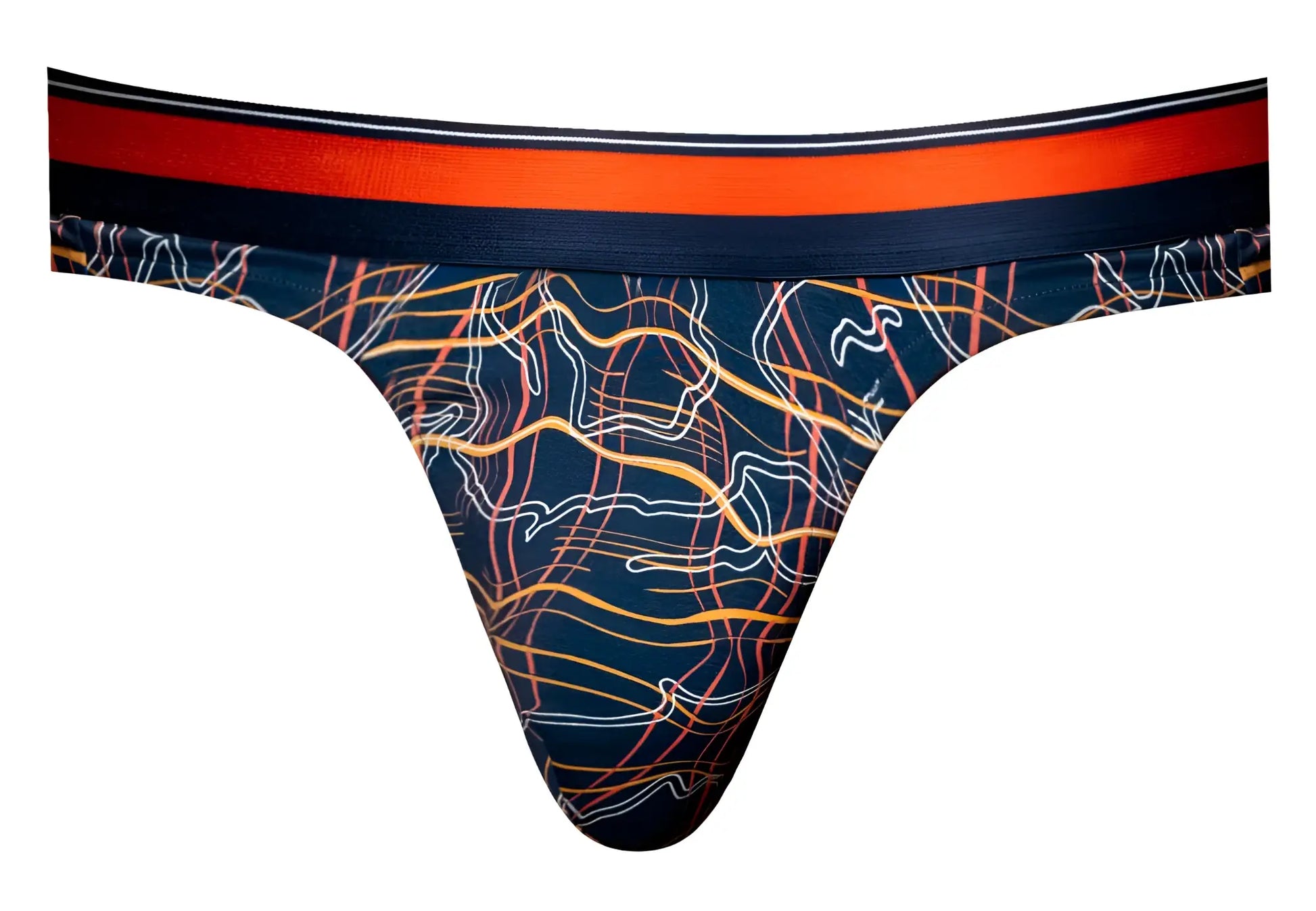 Male power 412-299 soo cumfy thong in navy blue with vibrant orange yellow abstract lines and red waistband with black border