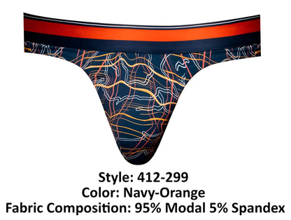 Male power 412-299 soo cumfy thong in navy with bold orange and white abstract line pattern on a dark blue base