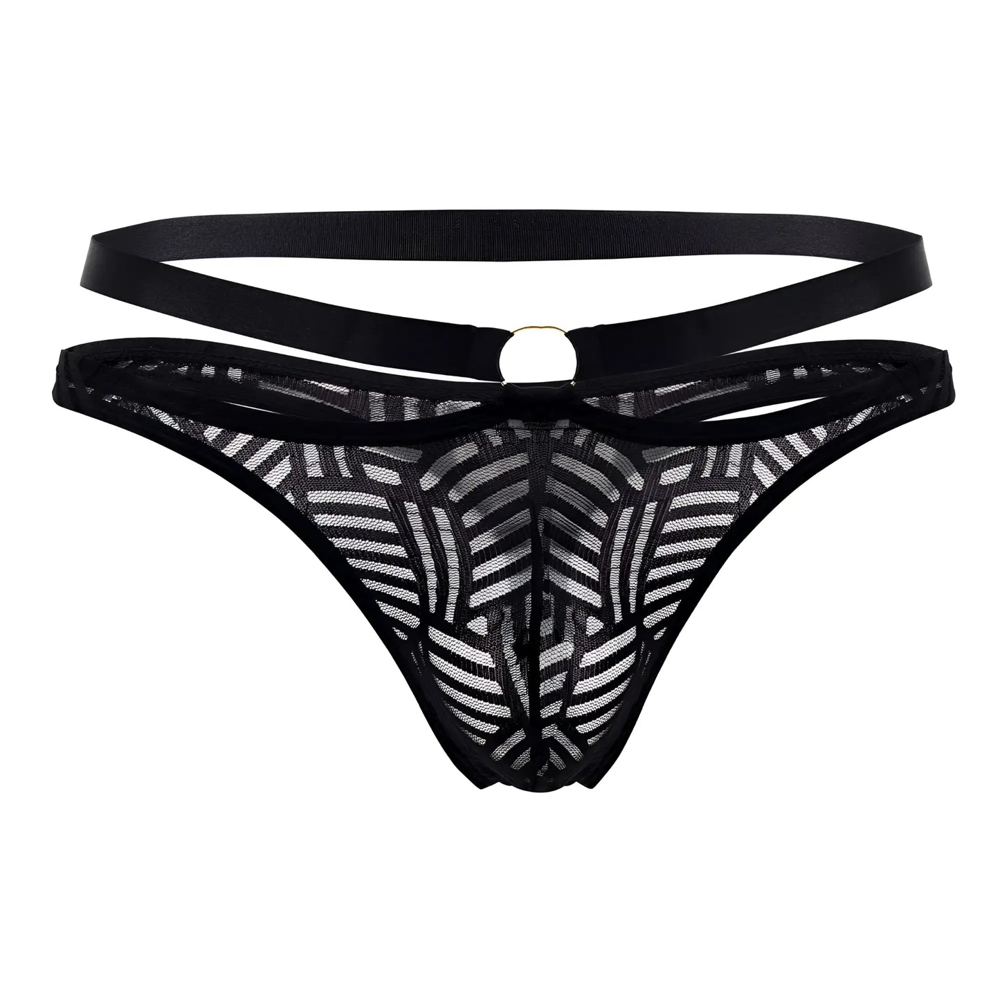 Black lace thong with geometric pattern and satin waistband from male power 415-284 rude awakening strap thong black