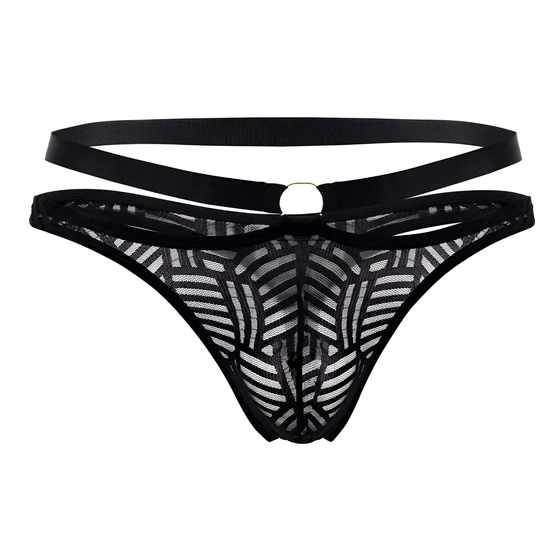 Black lace thong with geometric pattern and satin waistband from male power 415-284 rude awakening strap thong black