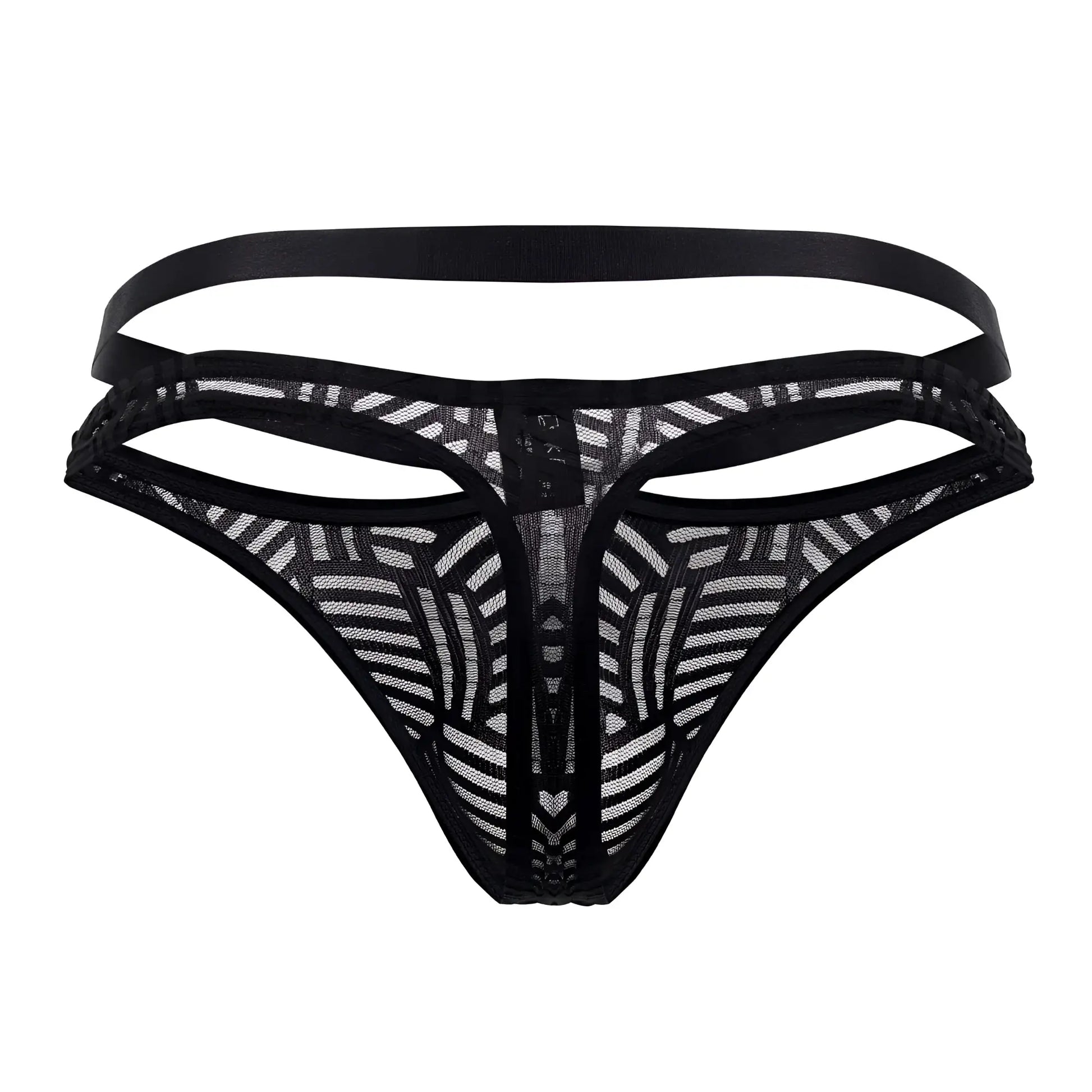 Male power 415-284 rude awakening strap thong in black lace with geometric pattern and multiple elastic straps back view