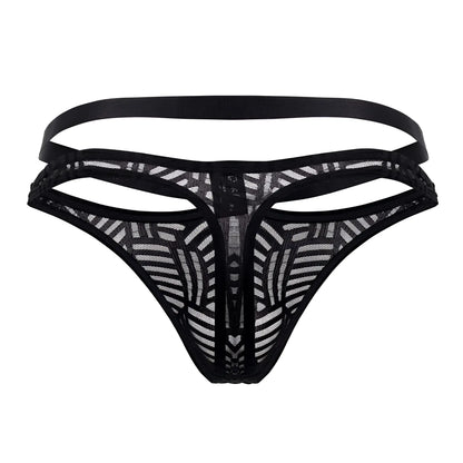 Male power 415-284 rude awakening strap thong in black lace with geometric pattern and multiple elastic straps back view