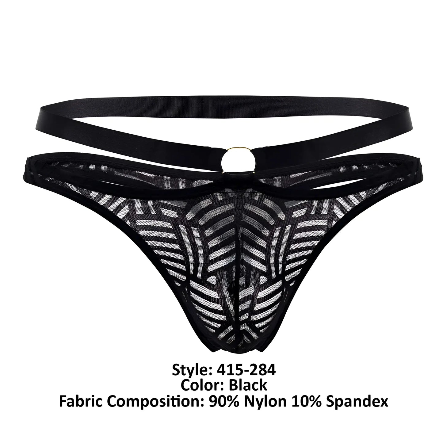 Black lace thong with geometric pattern and double strap design from male power 415-284 rude awakening strap thong