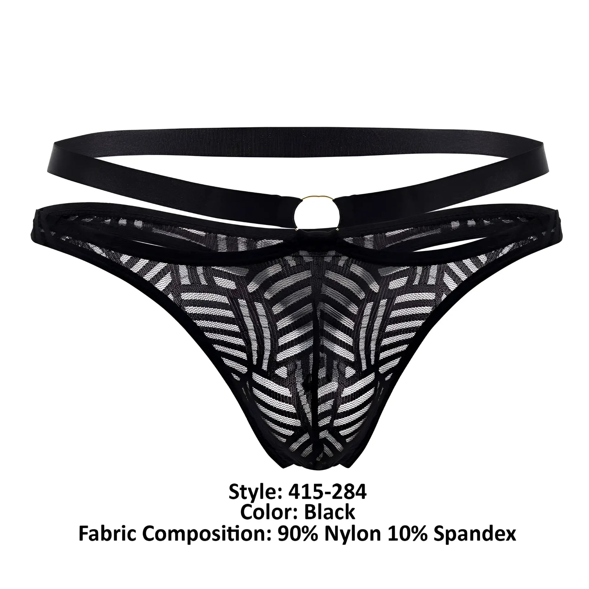 Black lace thong with geometric pattern and double strap design from male power 415-284 rude awakening strap thong