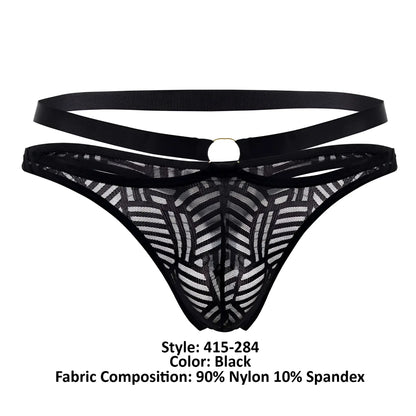 Black lace thong with geometric pattern and double strap design from male power 415-284 rude awakening strap thong