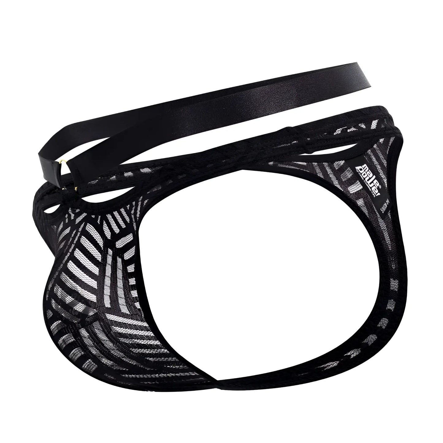 Black male power 415-284 rude awakening strap thong briefs with mesh fabric and satin-like waistband front view