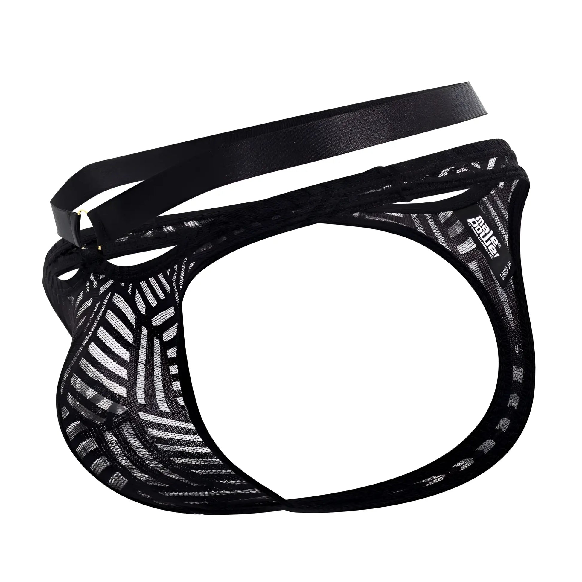 Black male power 415-284 rude awakening strap thong briefs with mesh fabric and satin-like waistband front view