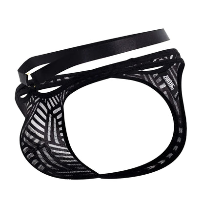 Black male power 415-284 rude awakening strap thong briefs with mesh fabric and satin-like waistband front view