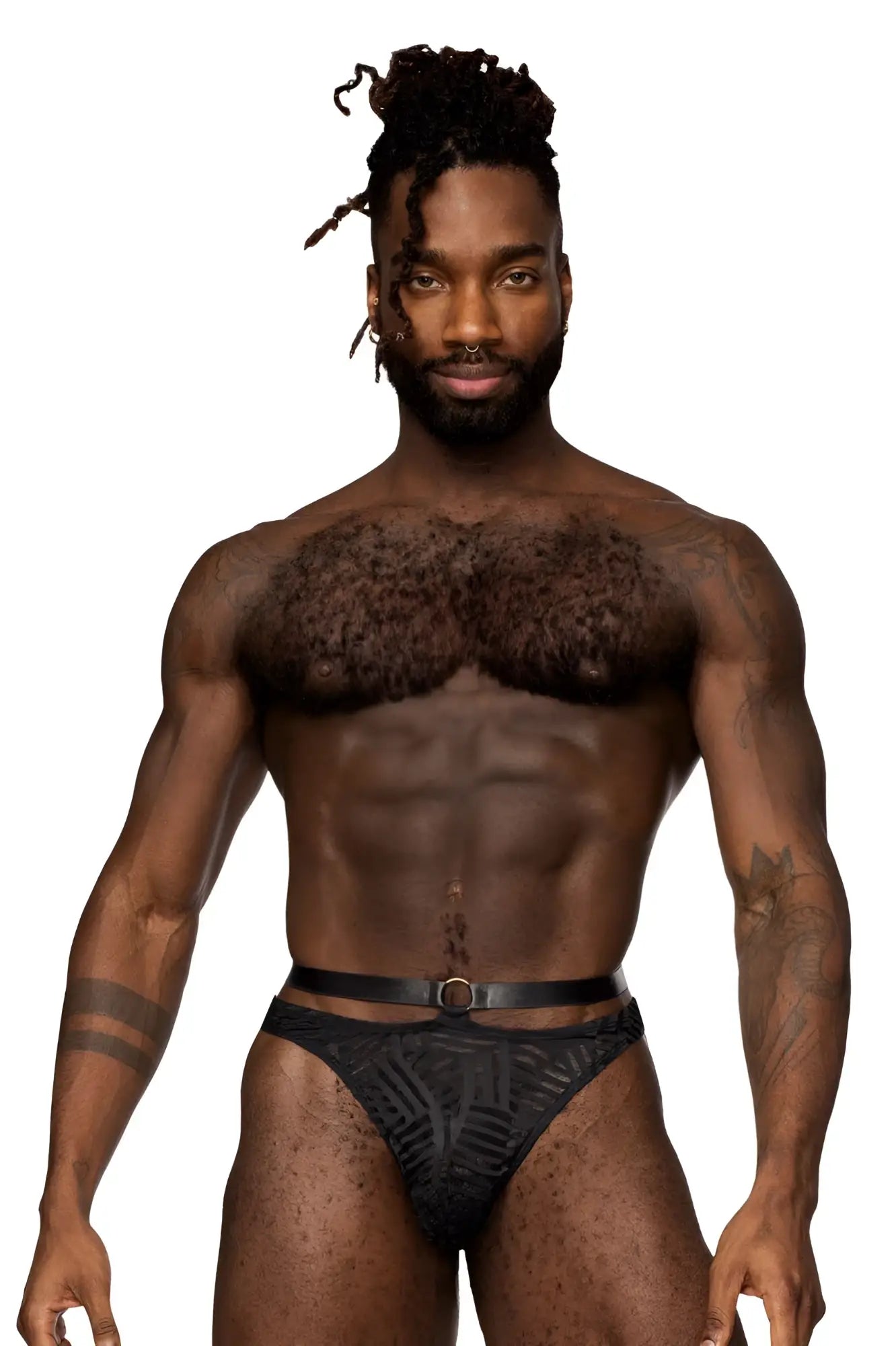 Male power 415-284 rude awakening strap thong in black with black patterned briefs and a black belt with silver buckle