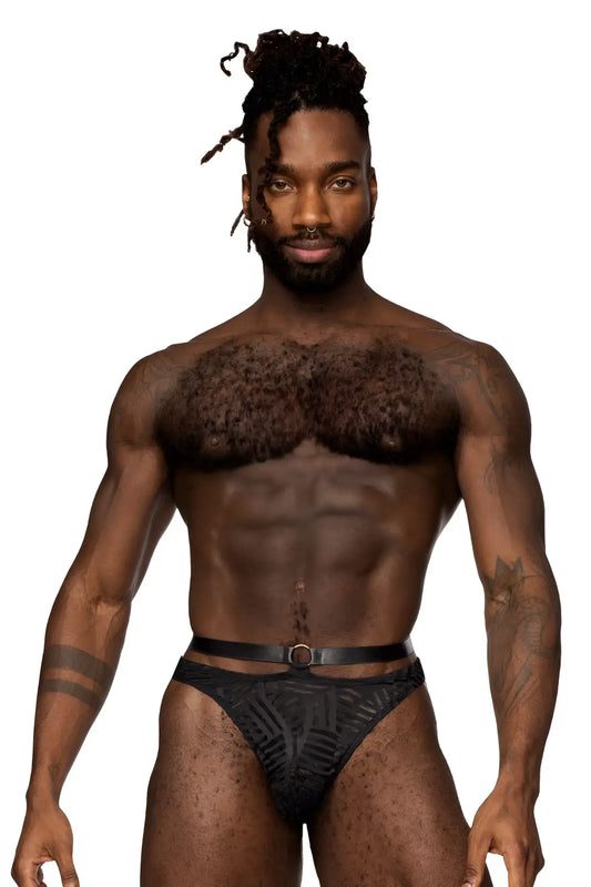 Male power 415-284 rude awakening strap thong in black with black patterned briefs and a black belt with silver buckle