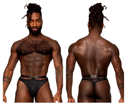 Male power 415-284 rude awakening strap thong in black with textured geometric pattern and matching belt