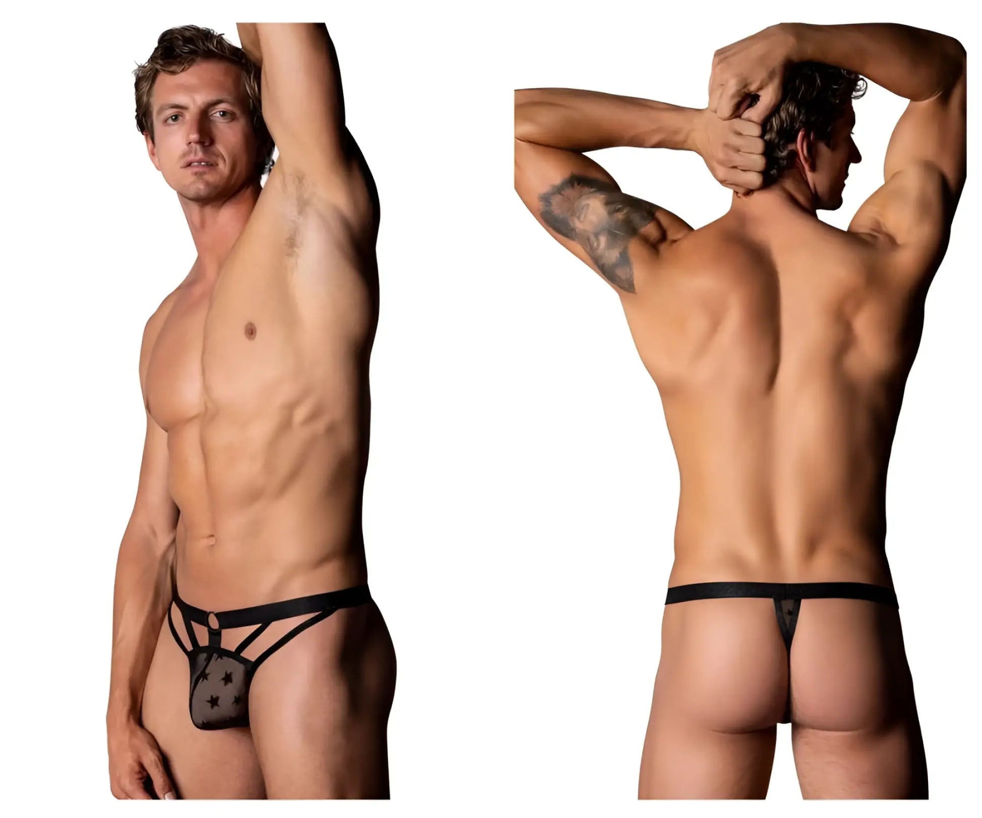 Black lace thong with star pattern and supportive straps by male power in black front view
