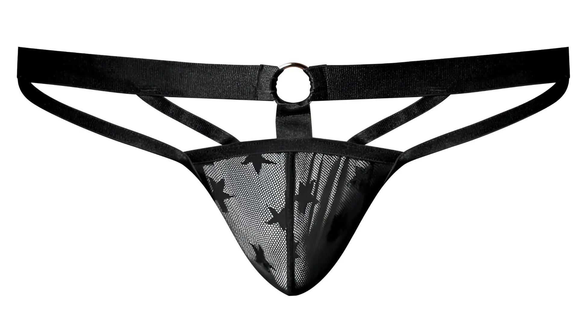 Black male power mesh thong with star pattern and central metal ring for bold intimate wear