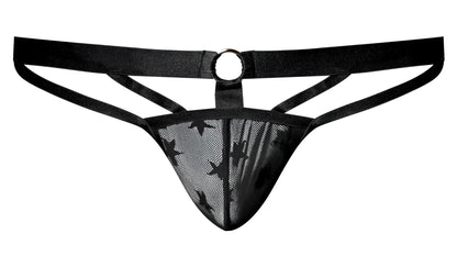 Black male power mesh thong with star pattern and central metal ring for bold intimate wear