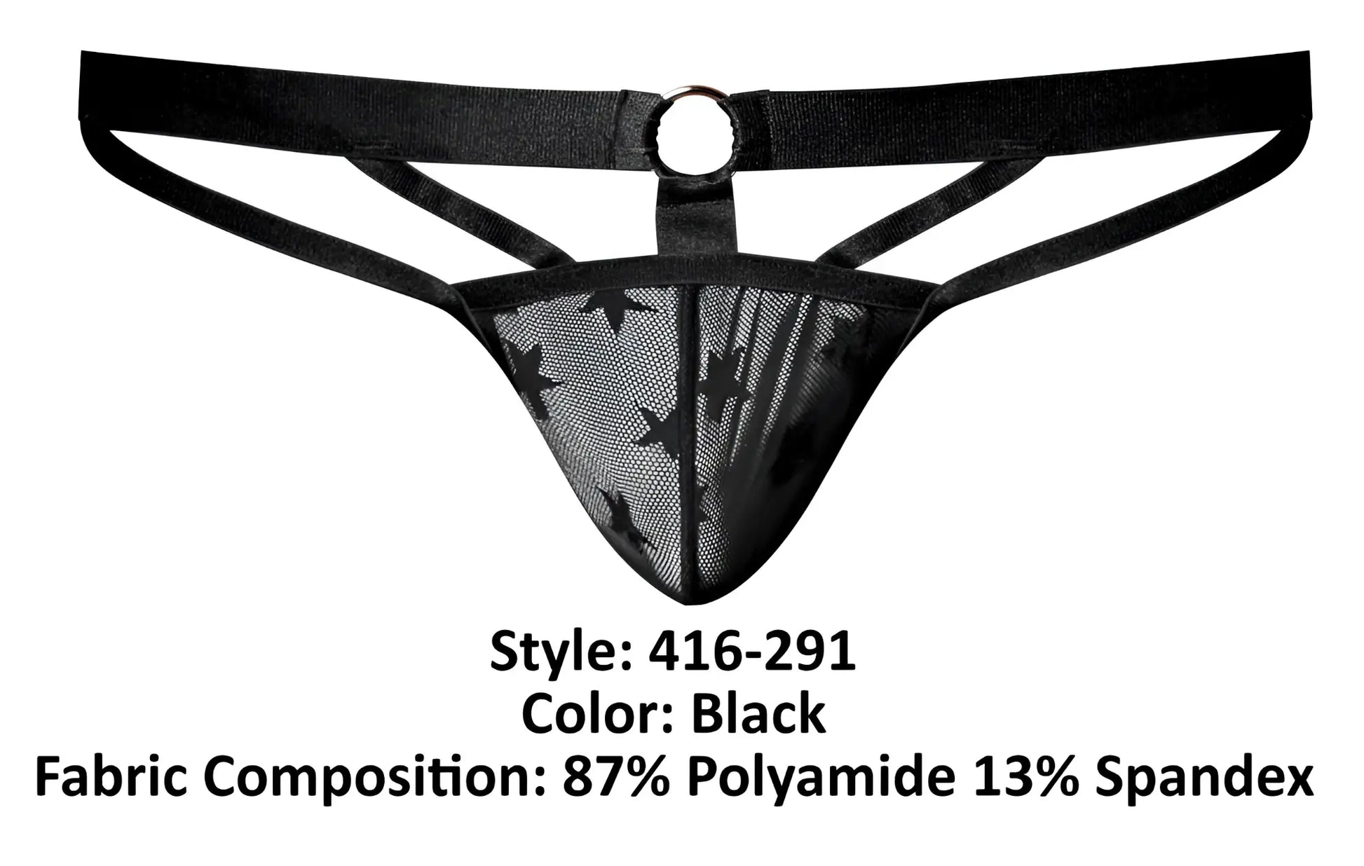 Black male power love star thong with ring featuring star pattern mesh and adjustable straps