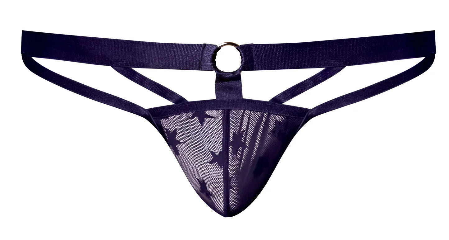 Dark purple mesh male power love star thong with star pattern and circular metal ring at the back