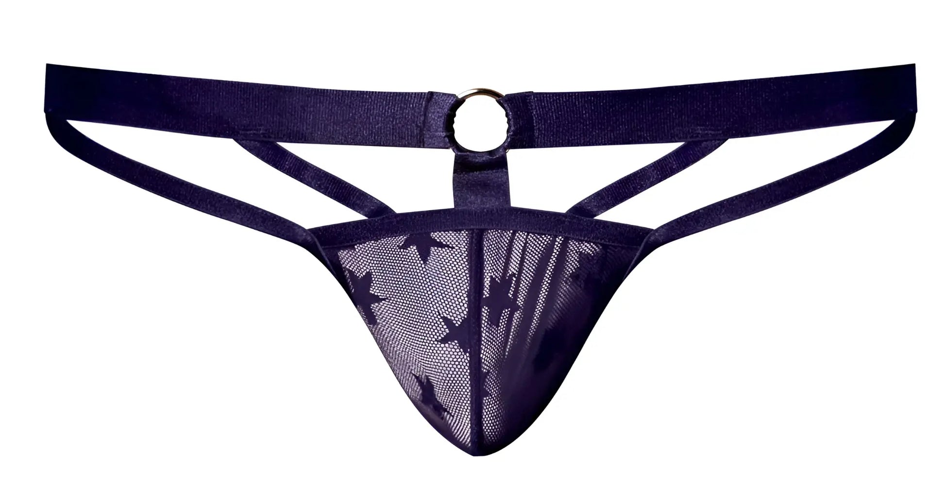 Dark purple mesh male power love star thong with star pattern and circular metal ring at the back
