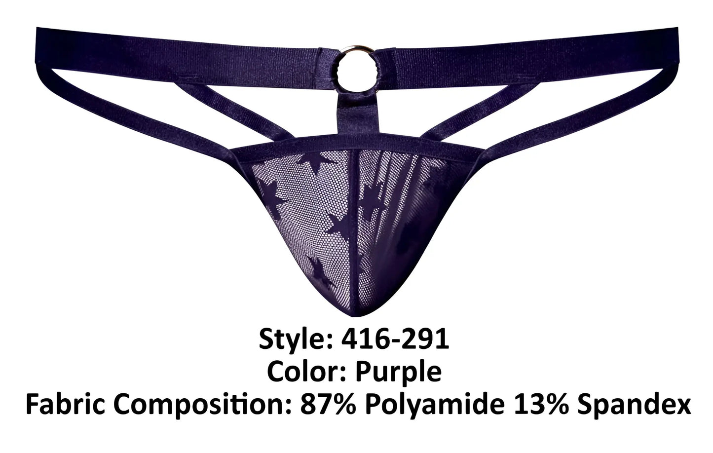Male power 416-291 love star thong with ring in purple featuring sheer mesh front with black stars and navy blue waistband