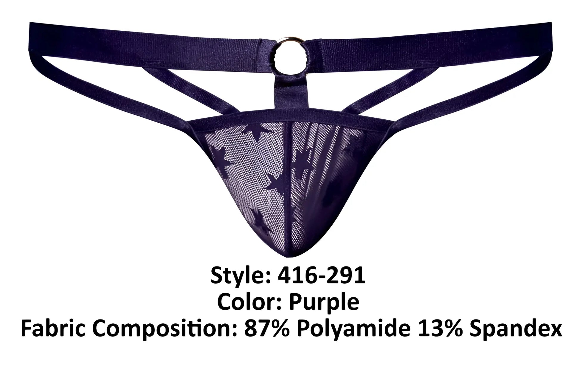Male power 416-291 love star thong with ring in purple featuring sheer mesh front with black stars and navy blue waistband