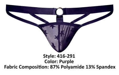 Male power 416-291 love star thong with ring in purple featuring sheer mesh front with black stars and navy blue waistband