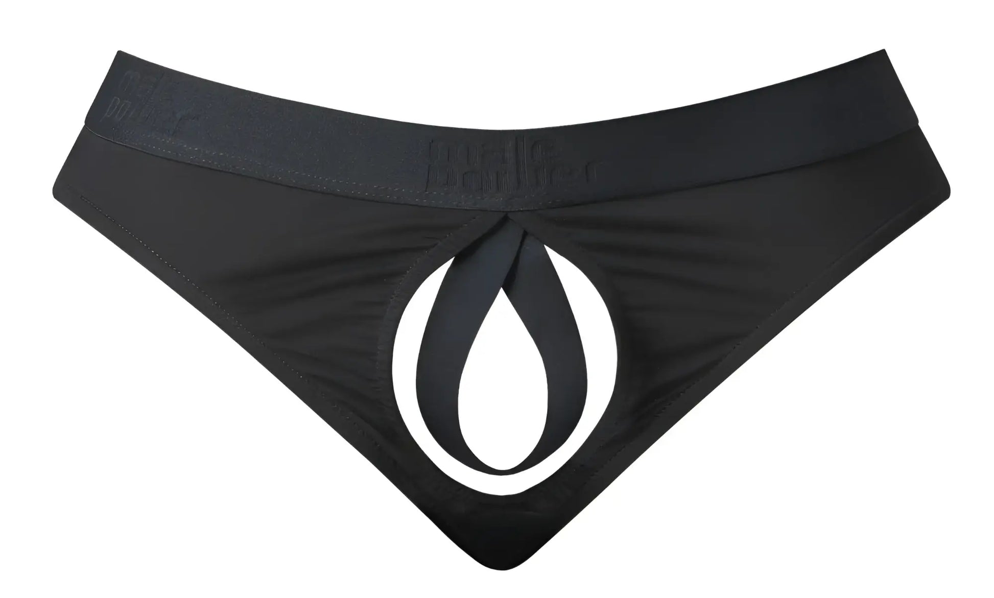 Male power 417-304 black men’s briefs with bold white teardrop logo open ended thong open front elastic cock ring design