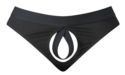 Male power 417-304 black men’s briefs with bold white teardrop logo open ended thong open front elastic cock ring design