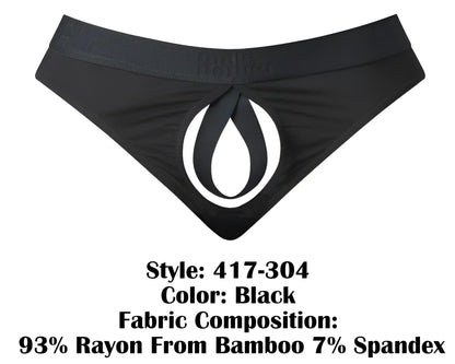 Male power 417-304 black men’s briefs with white teardrop cutout made from 93 bamboo rayon and 7 spandex