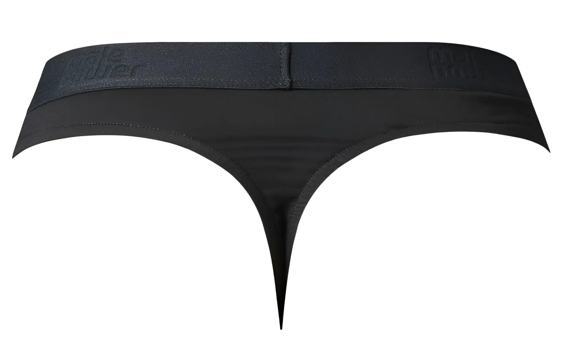 Black male power open ended thong with smooth stretchy fabric elastic waistband and embossed branding