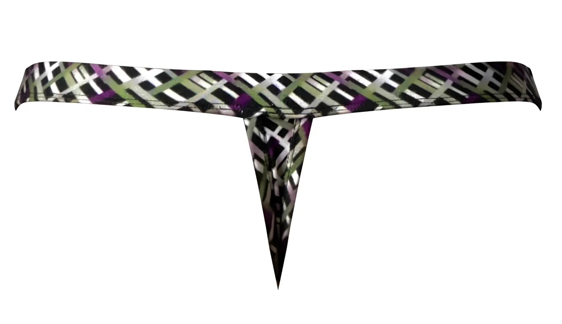 Male power 419-303 gridlocked thong straps-rings color printed black white and purple geometric pattern with triangular cutout