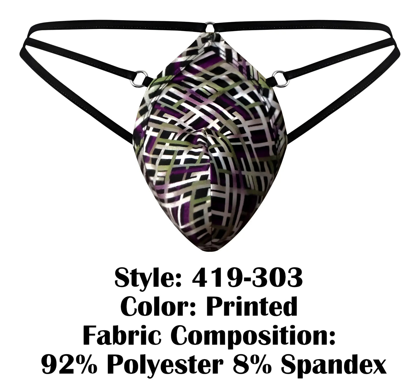 Male power 419-303 gridlocked printed men’s brief with geometric pattern black elastic straps polyester spandex blend