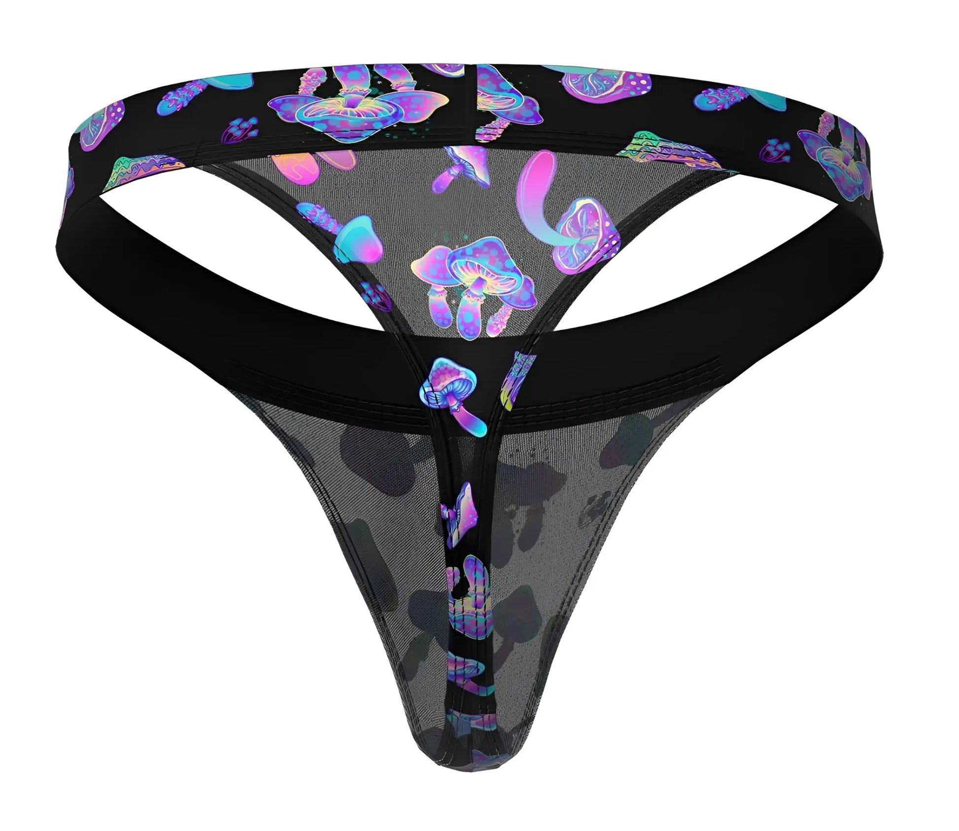 Black male power micro thong with iridescent purple and blue mushroom patterns on sheer mesh fabric front view