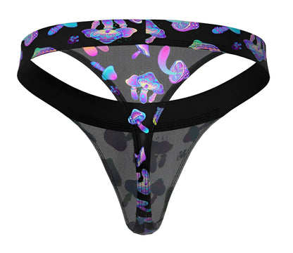 Black male power micro thong with iridescent purple and blue mushroom patterns on sheer mesh fabric front view