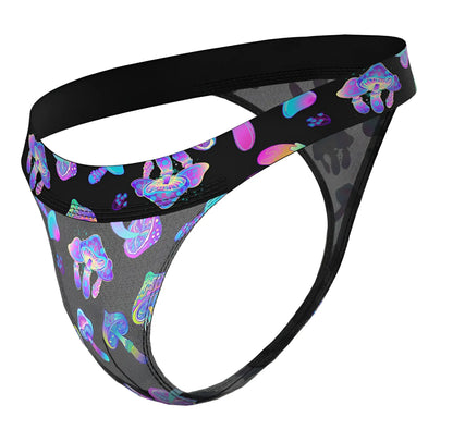 Black mesh male power 433-294 hazy dayz micro thong with vibrant iridescent purple pink and blue mushroom pattern