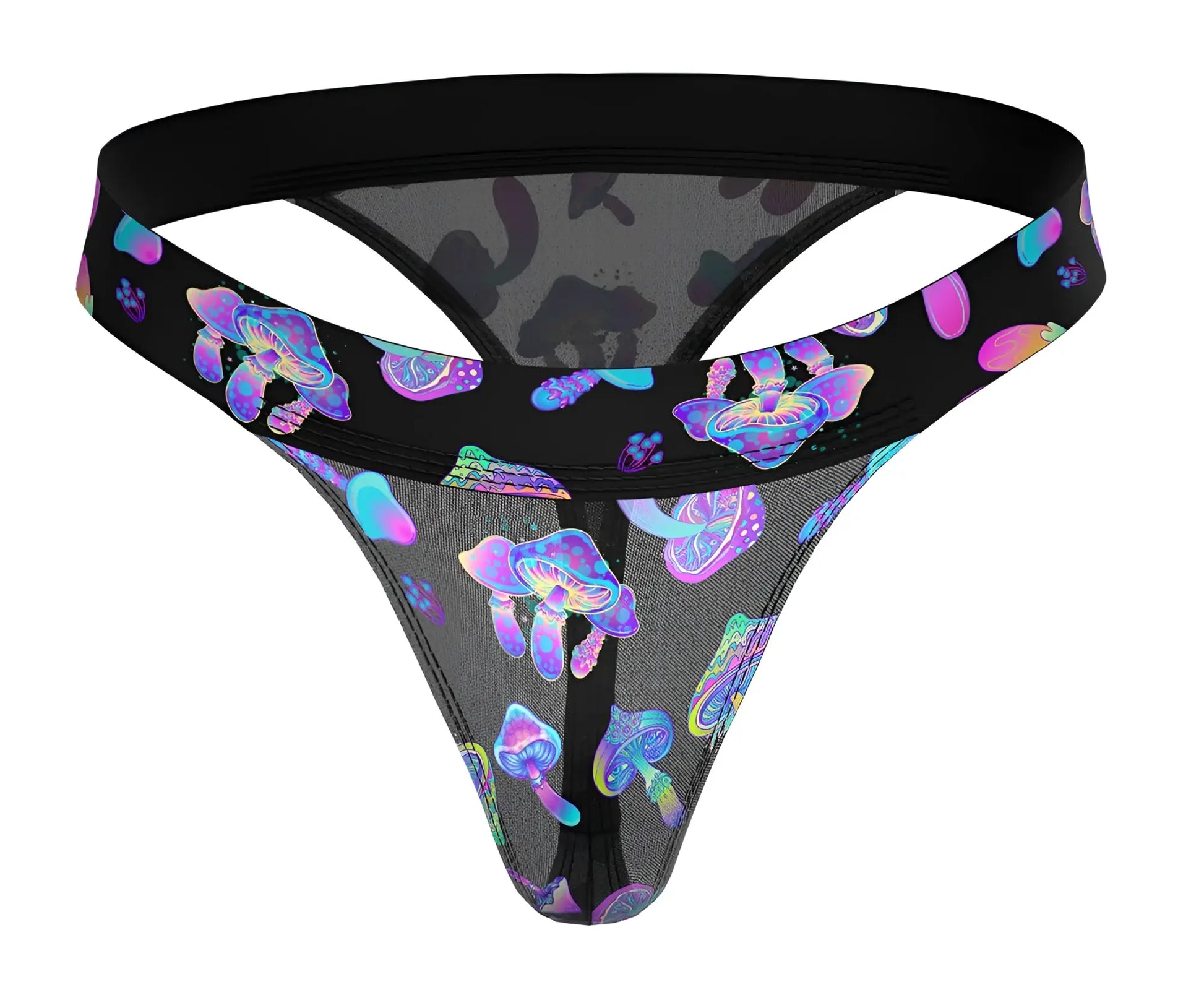 Male power 433-294 hazy dayz micro thong in black mesh with vibrant iridescent purple blue and pink mushroom pattern