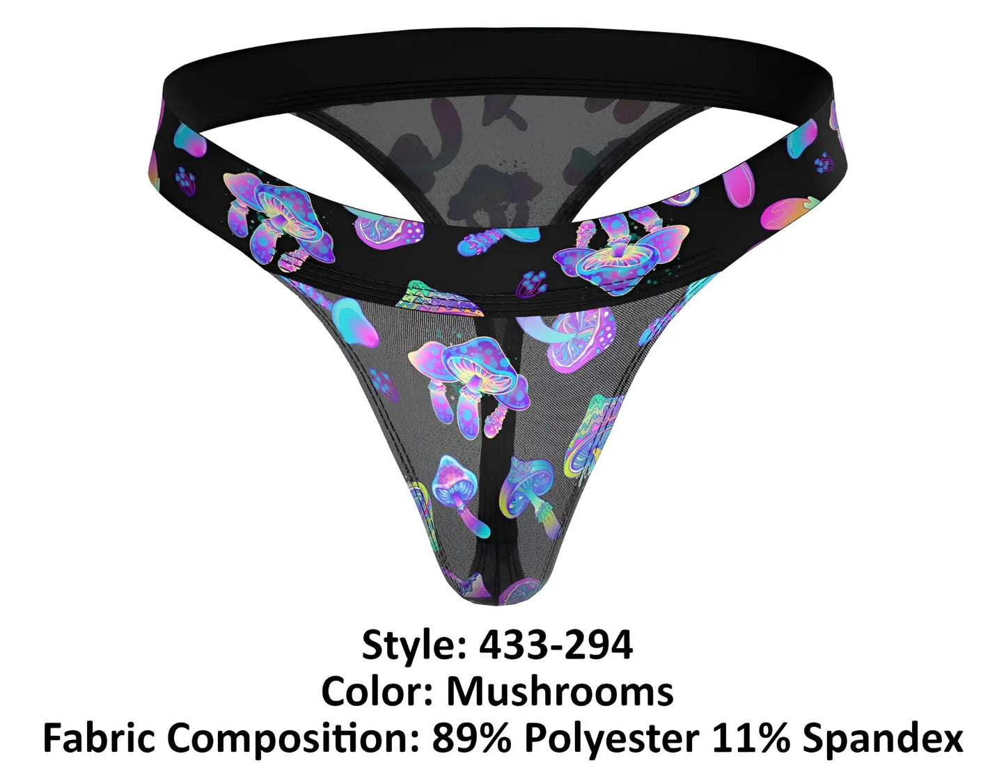 Black mesh male power 433-294 hazy dayz micro thong with vibrant iridescent purple and blue mushroom pattern