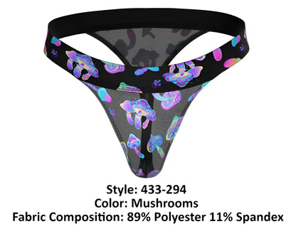 Black mesh male power 433-294 hazy dayz micro thong with vibrant iridescent purple and blue mushroom pattern