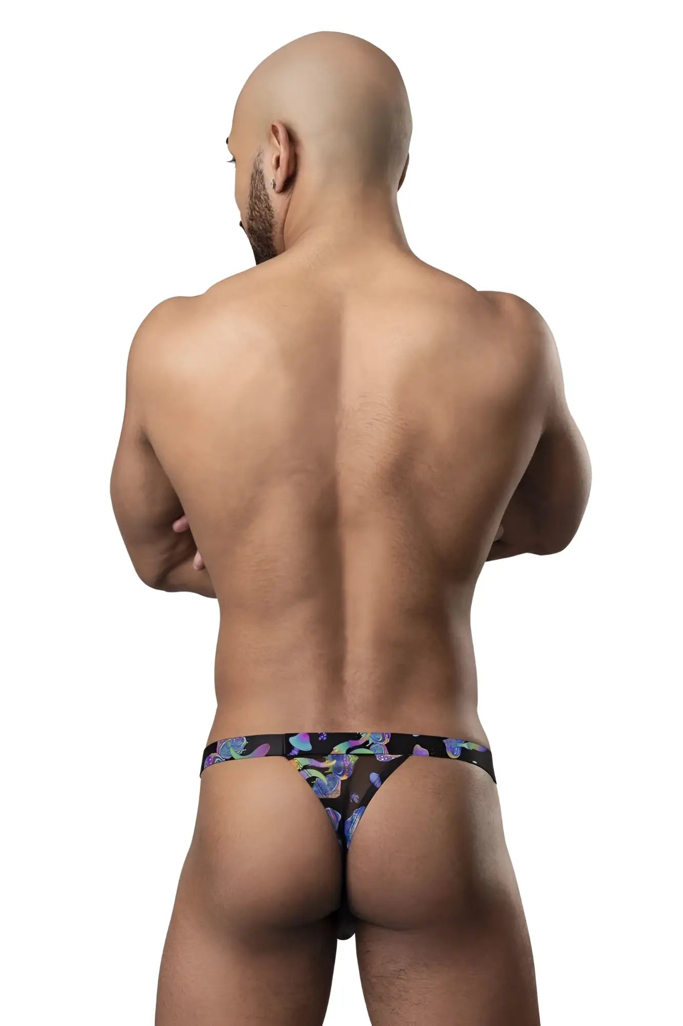 Black male power 433-294 hazy dayz micro thong with vibrant purple and blue abstract pattern in colorful mushrooms design